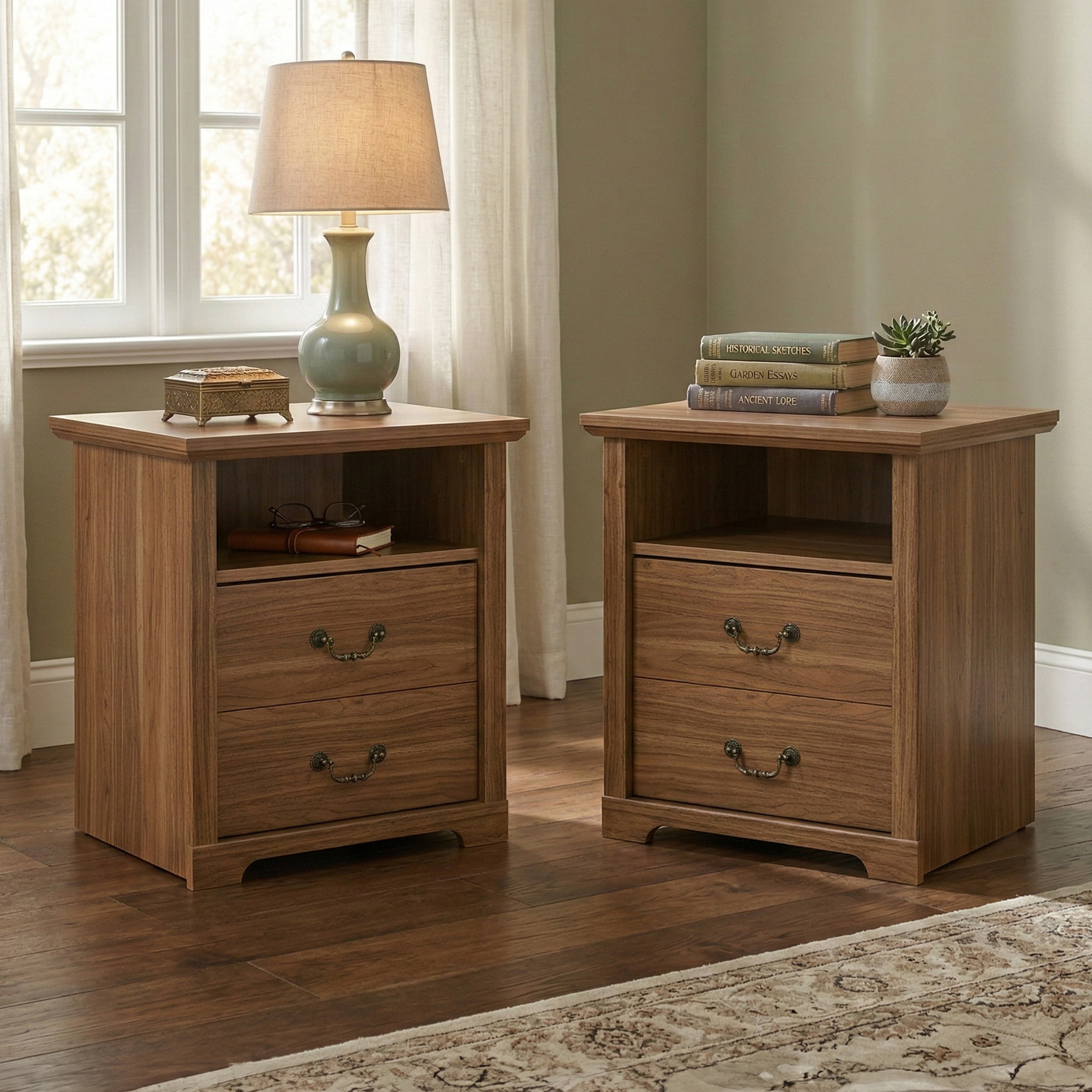 Furniture of America Chara Modern Wood 2-Drawer Kids Nightstands with Open Top Shelf, Set of 2, Walnut