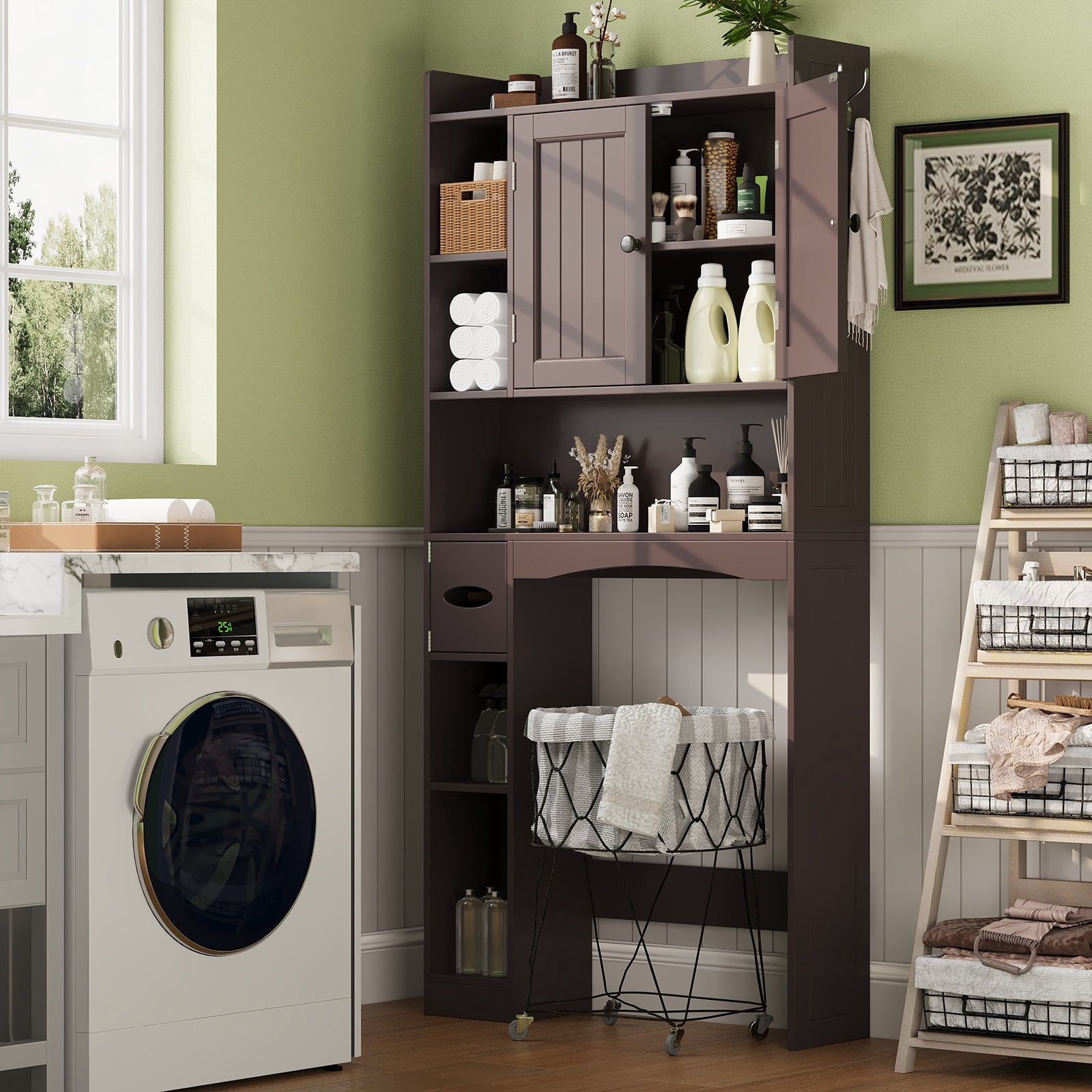 Over the Toilet Storage Cabinet, Aiho 66" H Bathroom Space-Saving Organizer Above Toilet with 2 Doors & Adjustable Shlef, Perfect for Bathroom, Laundry, Dark Brown