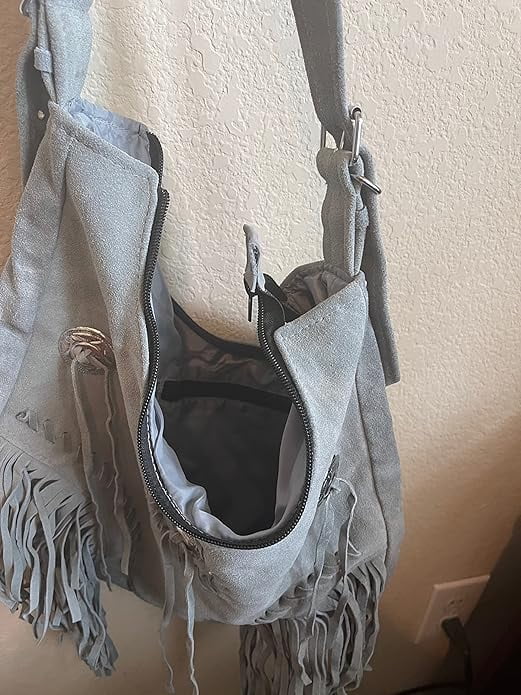 Fringe Suede Leather Purse Bag Cross Body Shoulder Straps Southwest Cabochon~Gray