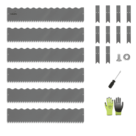 6 Pack 40" LX 6" H Galvanized Steel Garden Landscape Edging, Black Powder Coated Lawn Border with Gloves and 10 Stakes (20FT Total) (8 inch tall, wavy Edge, Quartz Grey)