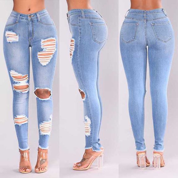 OKBOP Straight Leg Pants Women,Slim Plus Size Ripped Hole Gradient Long Jeans Denim Regular Pants for Women
