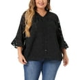 thumbnail image 1 of Blusa semi transparente de mujer plus size con volantes en el cuello en V y mangas acampanadas de 3/4, 4X, negra, 1 of 1