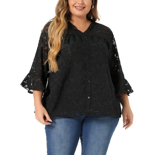 Blusa semi transparente de mujer plus size con volantes en el cuello en V y mangas acampanadas de 3/4, 4X, negra