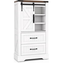 LOKO Farmhouse Bathroom Floor Cabinet, Freestanding Storage Cabinet with Sliding Barn Door, Adjustable Shelves & 2 Storage Drawers, Wooden Storage Organizer for Living Room, Entryway, Kitchen,White &