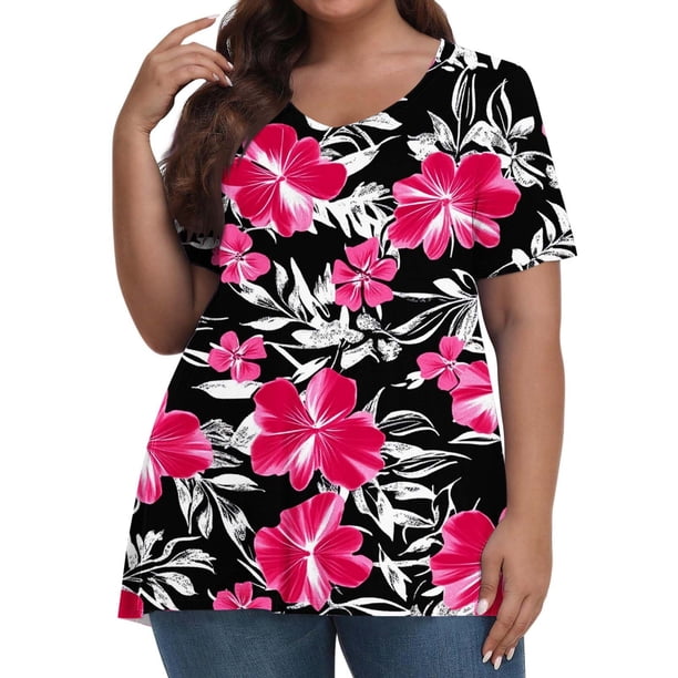 Tamaño Más Manga Corta Tops para las Mujeres V-Cuello Imprimir Blusa Casual, Tamaño Grande de Verano Top para el Uso Diario
