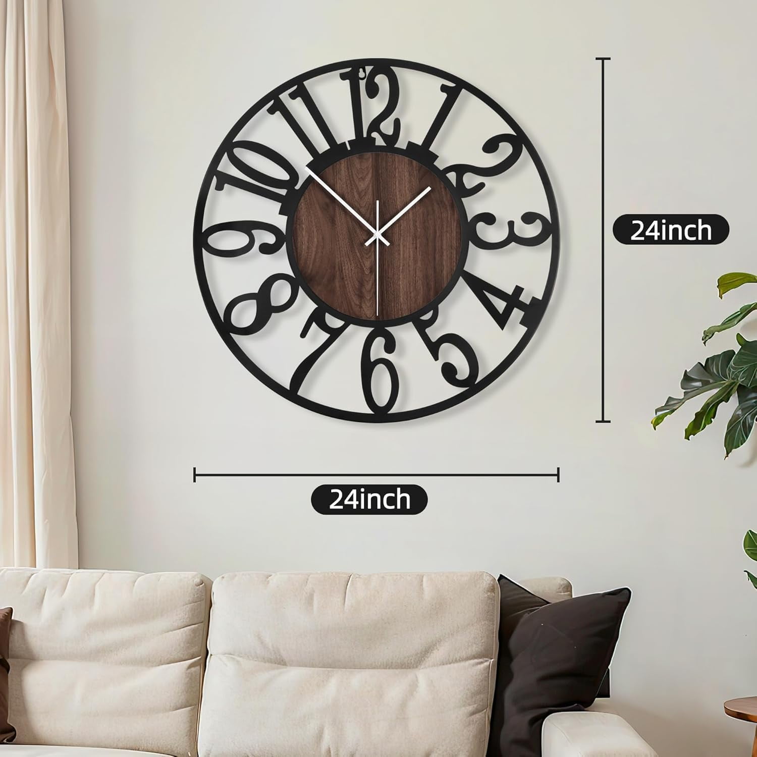 Large Round Wall Clock for Living Room Decor Battery Operated Non Ticking Black Metal Wood Clocks for Home Living Room Garden Farmhouse Office Kitchen Decoration -24 inch