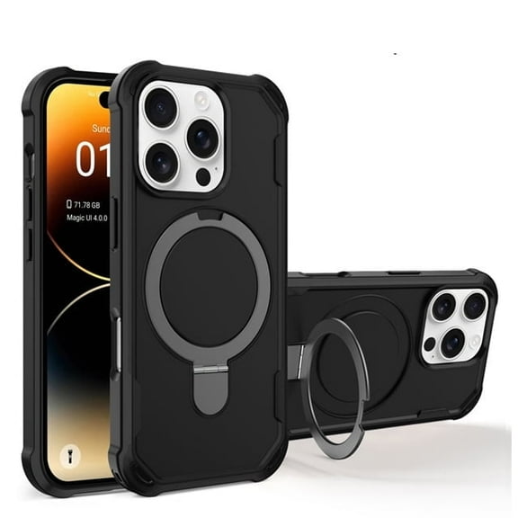 Protective Magnetic Kickstand Case for iPhone 16 Pro Max with Tempered Glass Screen Protector - Black