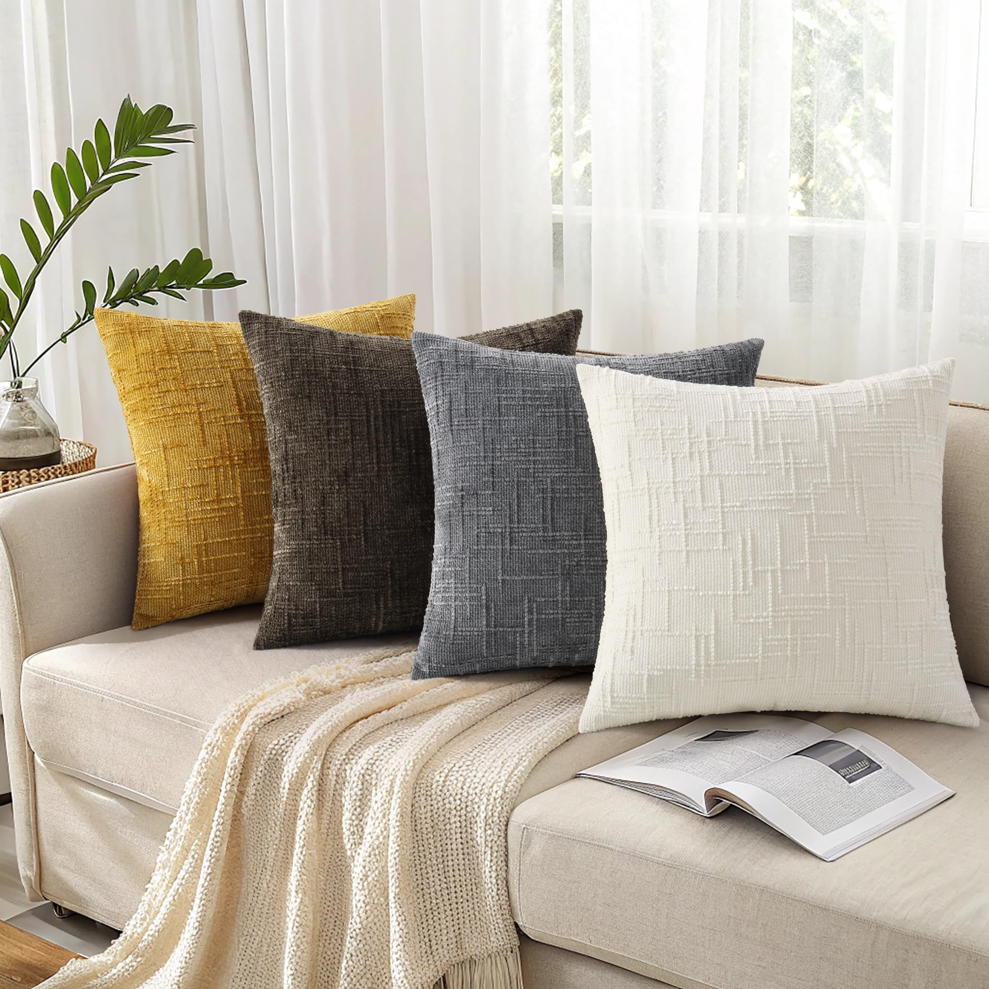 HAPPINESS Chenille Throw Pillow Covers 20x20 Set of 2 Thick Textured Slubby Couch Pillow Covers Farmhouse Accent Modern Neutral Decorative Pillow Cases for Bed Sofa Living Room
