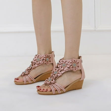 

ZHELIYO Women s sandals Fashion Summer Women Sandals Wedge Heel Open Toe Solid Color Ethnic Style Rhinestone Flowers Back Zipper Bohemian Style Pink 7