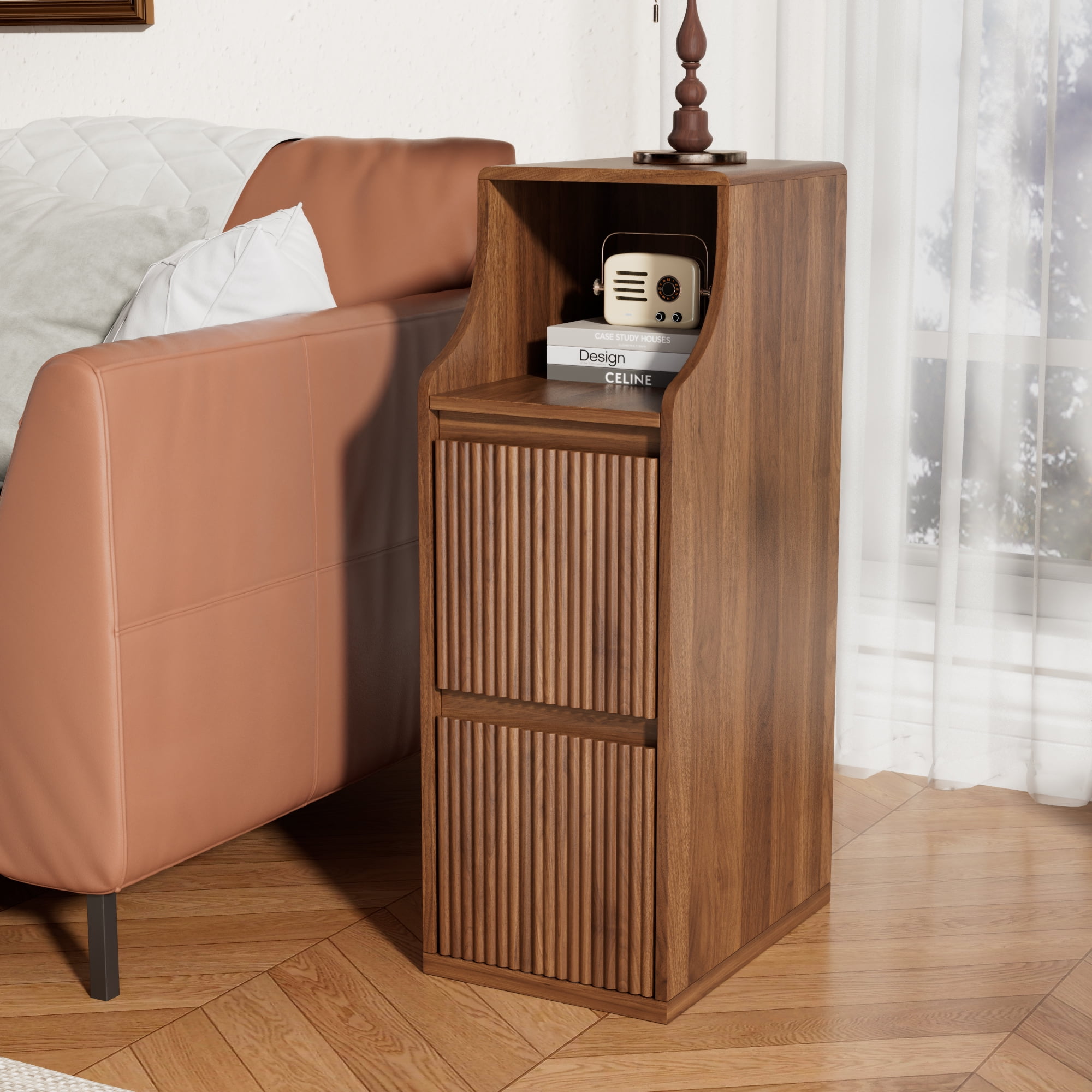 Fluted Narrow Nightstand Set of 2, Small 2 Drawer Nightstand, Skinny End Table, Mid Century Modern Night Stand for Living Room, Bedroom, Walnut