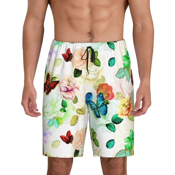 Balery Floral Vintage Pantalones cortos de pijama de punto de algodón para hombre con cinturilla y bolsillos-Medium
