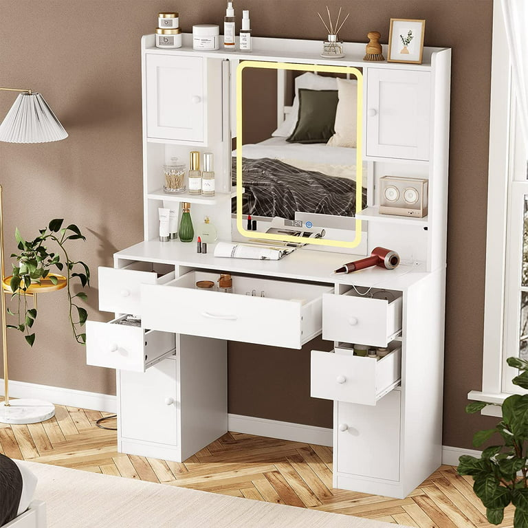Makeup Vanity Table with Sliding Mirror & Drawers, Modern Dressing Desk  Table with Storage Cabinet&Shelves for Women Girls, White 
