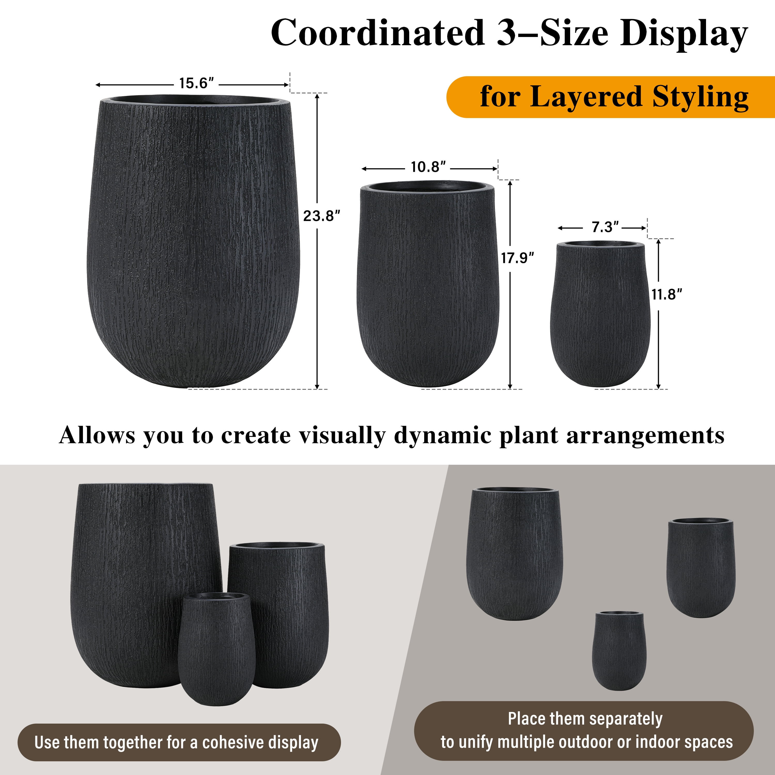 Mintazer Modern Planter Set of 3, 15.6"/10.8"/7.3" Stackable Flower Pots with Drainage Holes, Stone-Look Textured Decorative Plant Pots for Indoor & Outdoor, Black