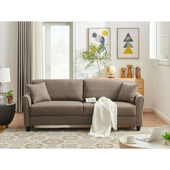 Detachable Indoor Sofa for Three Seaters with Plastic Feet, Modern Linen Sofa with 2 Pillows, Solid Wood Frame Sofa for Living Room, Apartment, Hotel, Waiting Room, Lounge