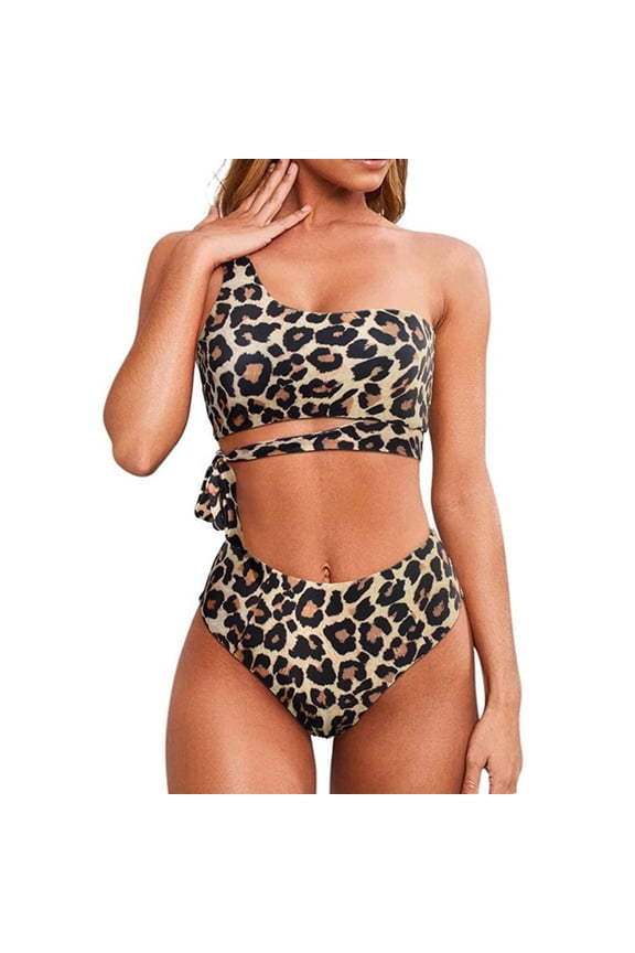 Womens One-Shoulder Bikinis Set Two Pieces Swimsuits Leopard Print Bathing Suits