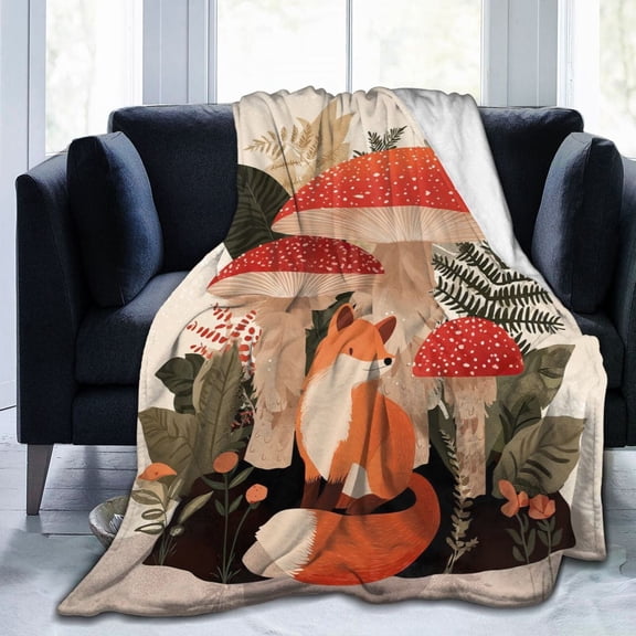 Whimsical Fox and Mushroom Throw Blanket, Goblincore Forest Fantasy Art Soft Flannel Fleece Decor Gift 50x40