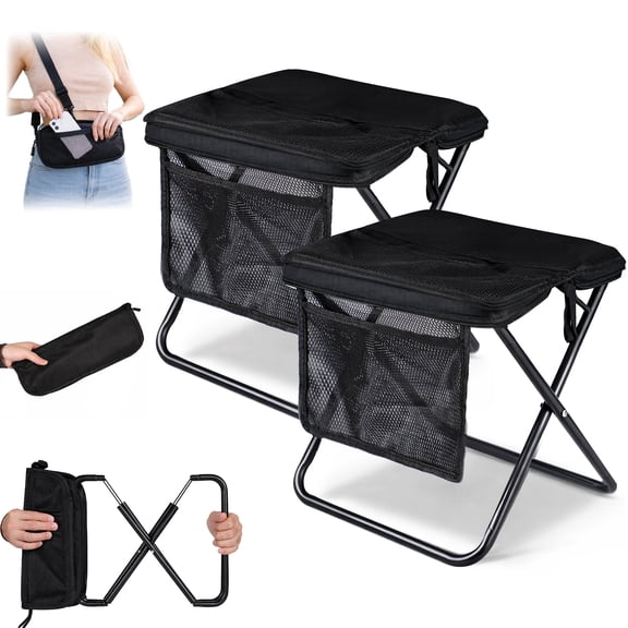 RXFSP 2pcs Portable Folding Stool with Carry Bag, Compact Camping Chair with Storage Pockets, Adjustable Shoulder Strap for Outdoor, Travel, Fishing