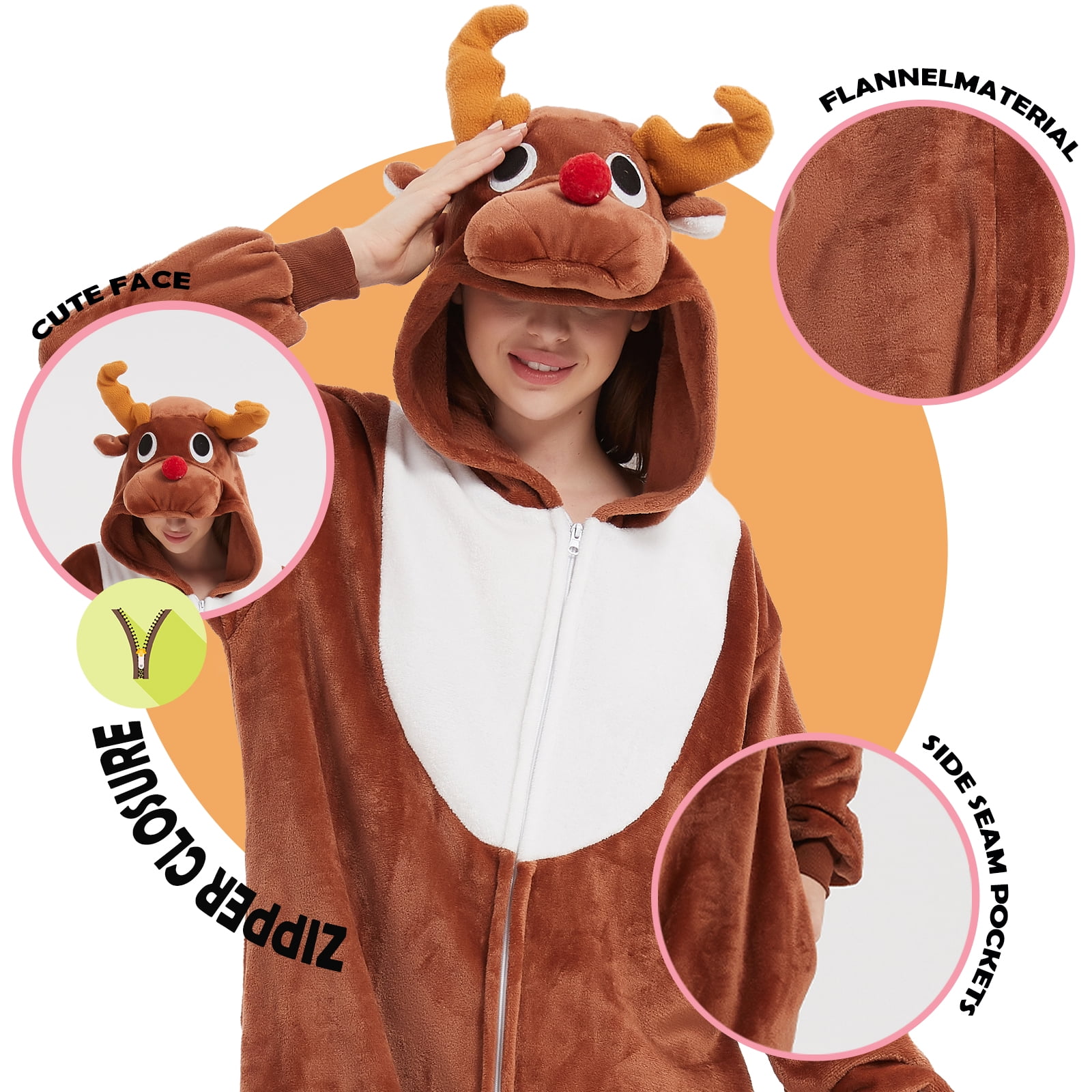 SWEETXIN Adult Christmas Reindeer Unisex Onesie Pajamas Halloween Cosplay Costume Suit for Women and Men SizeM