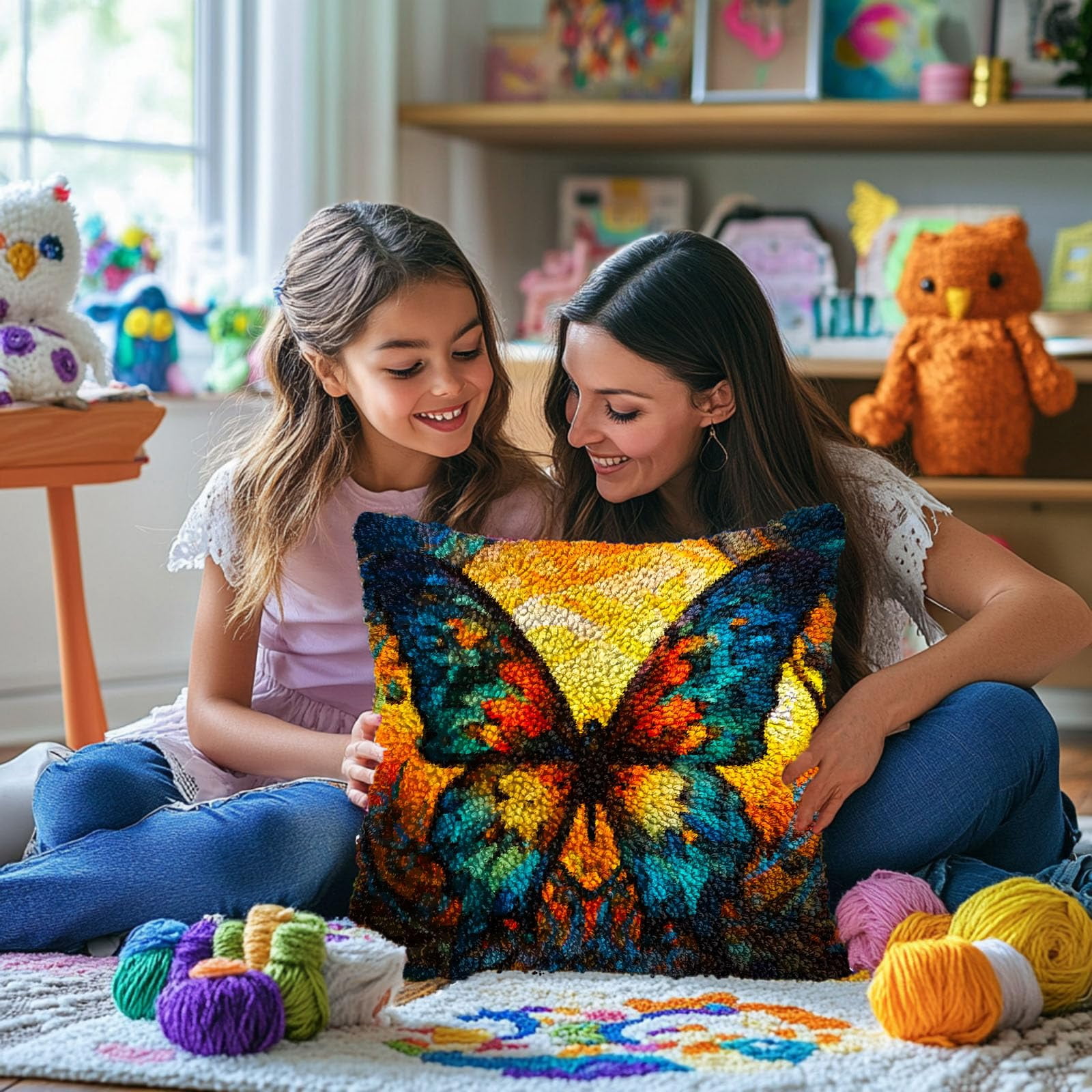 Stained Glass Colorful Butterfly DIY Latch Hook Pillow Kits for Adults Printed Pillowcase Crochet Yarns Hooking Handmade Pillow Cover Cushion for Home Sofa Decoration 17x17inch(2)