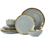 Porcelain Luxury Dinnerware Sets, Modern Plates and Bowls Sets for 4, Highly Chip and Crack Resistant, Grey and Gold Rim China Dishes Set for Wedding Anniversary, No Microwave Safe