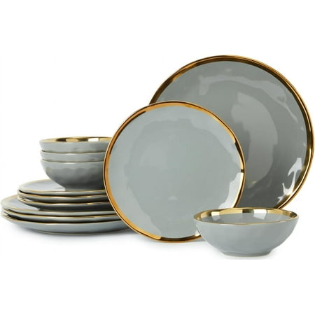 Porcelain Luxury Dinnerware Sets, Modern Plates and Bowls Sets for 4, Highly Chip and Crack Resistant, Grey and Gold Rim China Dishes Set for Wedding Anniversary, No Microwave Safe