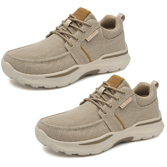 Khaki Mens Orthopedic Lace up Walking Shoes for Plantar Fasciitis, Casual Canvas Loafers With Arch Support, Comfortable Deck Shoes for Extra Cushioning and Pain Relief
