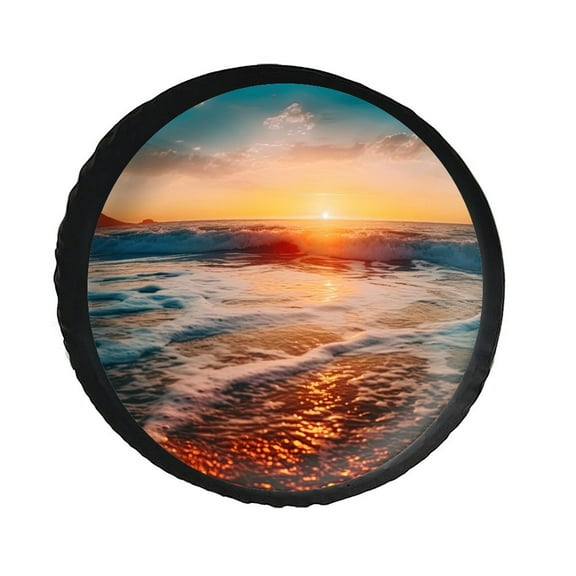 KAKALAD Ocean Waves Beach Sand Seaside Sunset 02 Spare Tire Cover PVC Leather Wheel Protectors Weatherproof Universal Dust-Proof for Trailer Rv SUV Truck Camper Travel Trailer Accessories 14 ” Inch