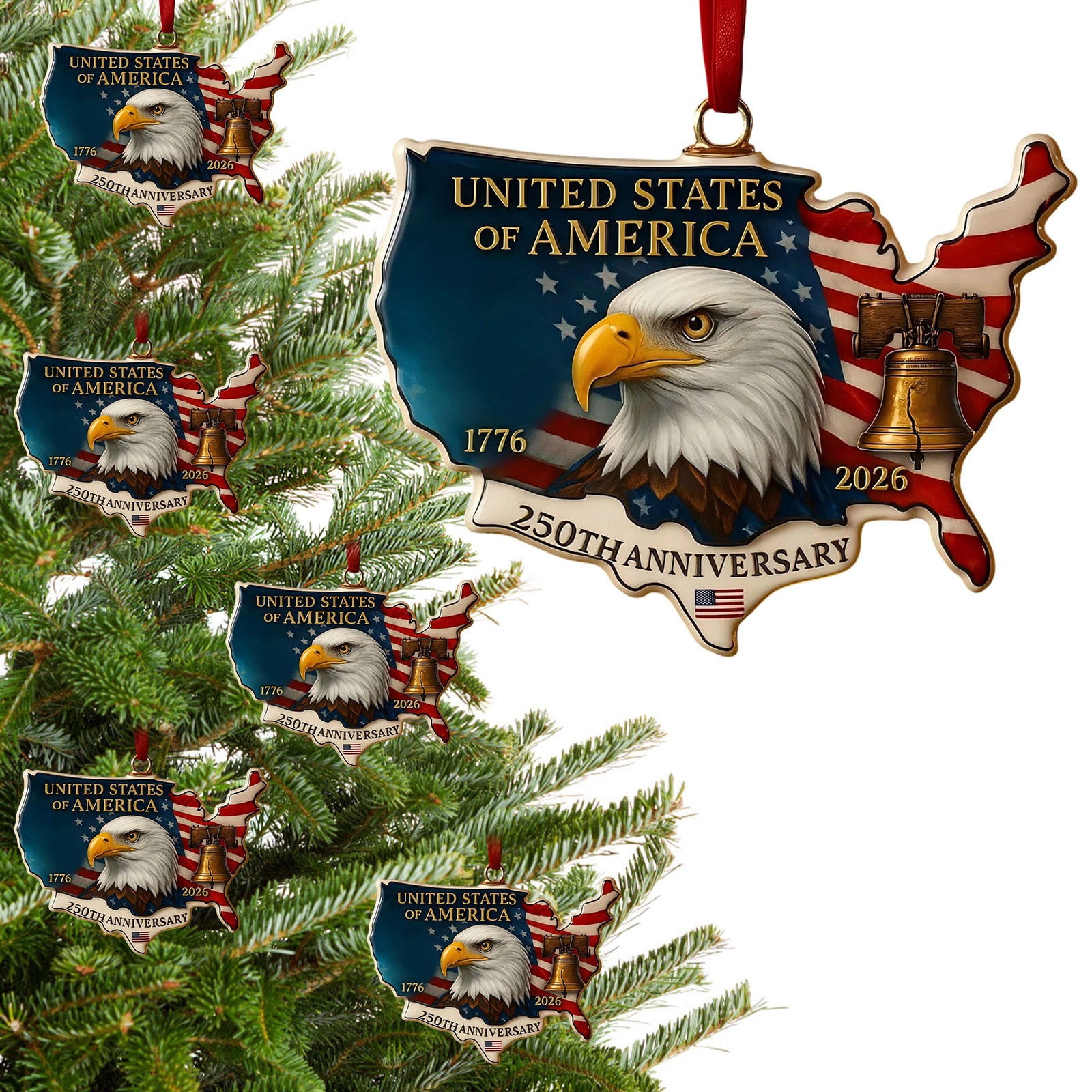 United States 250th Anniversary Ornament, 250 Years of The United States Commemorative Bald Eagle Hanging Decor, Christmas Tree Ornaments for USA Map (2PCS)