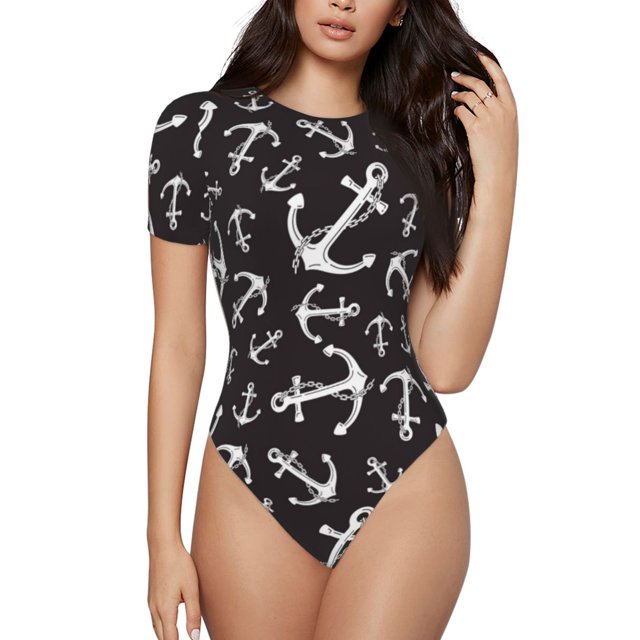 Bingfone Motif Ancres Justaucorps à Col Rond pour Femmes, Bouton Pression Serré Manches Courtes, Adapté pour Fête, Sport, Usage Quotidien-Moyen