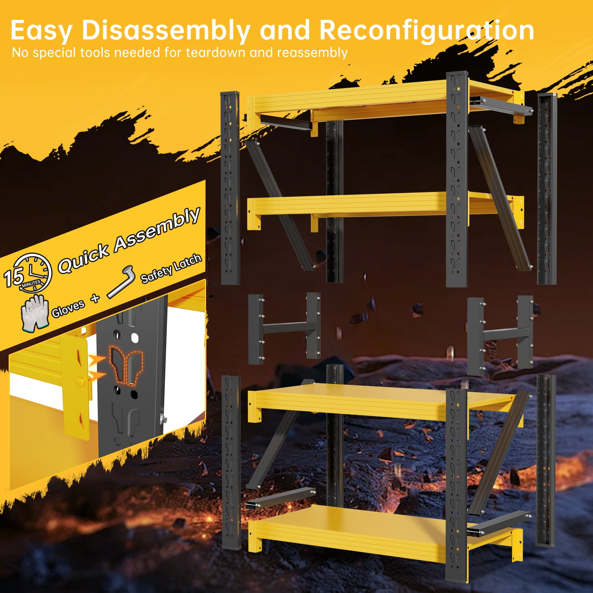Welfiya 59"Wide Garage Shelving Unit,3500LBS Heavy Duty Storage Shelves,4-Tier Metal Industrial Shelving,Adjustable Standing Shelf for Warehouse,Basement,Workshop,59.1"W x 23.6"D x 78.7"H,Black&Yello