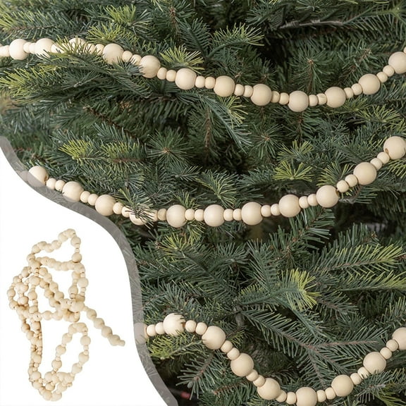 Christmas Wooden Bead Garland String 118" | Natural Polished Solid Wood Holiday Hanging Ornament | Beige Festive Décor for Tree, Mantel, Fireplace | DIY Crafts, Layered Pendant, Durable Thread