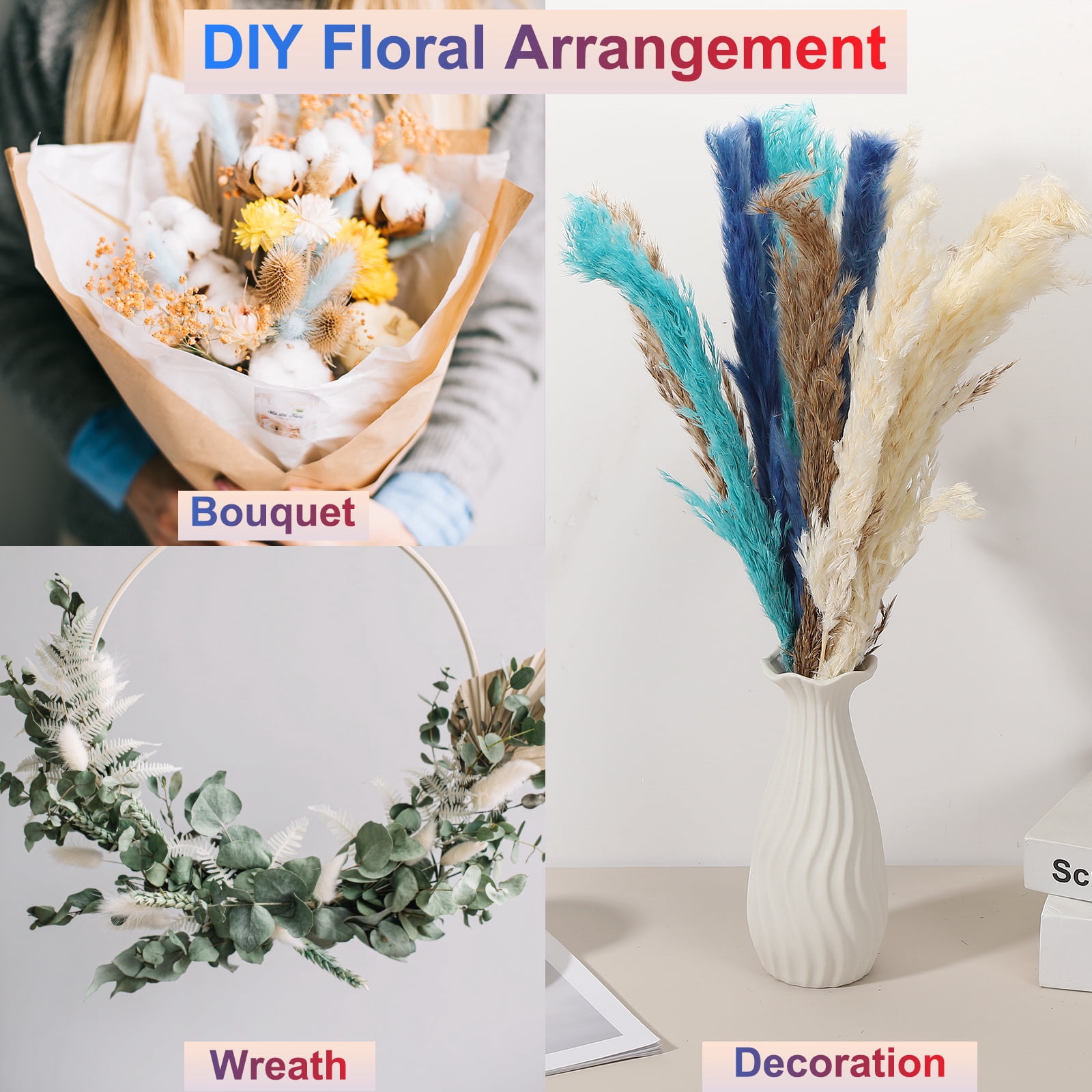 Uxcell 20pcs Natural Rabbit Bunny Tails Dried Flowers 17" Mini Pampas Grass Lagurus Ovatus Bunch for Floral Wedding Decor Christmas, White