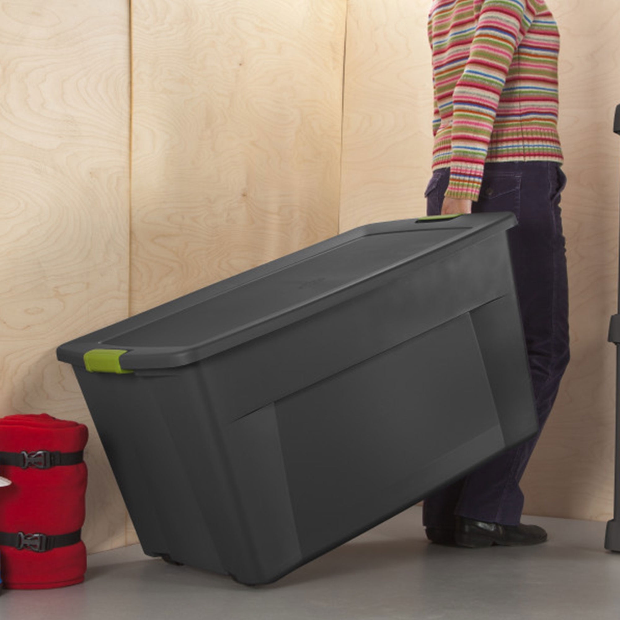Free Shipping Sterilite 45 Gallon Latching Storage Tote Boxes with Wheels Durable Plastic Gray Green Pack of 4 Walmart Walmart