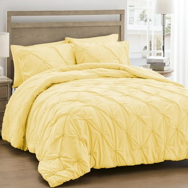 Queen Comforter Set Yellow - Lightweight Soft Pintuck Down Alternative Bedding Set for Summer, All Seasons, 3 Pieces Pinch Pleat Solid Bed Set with Comforter, 2 Pillowcases