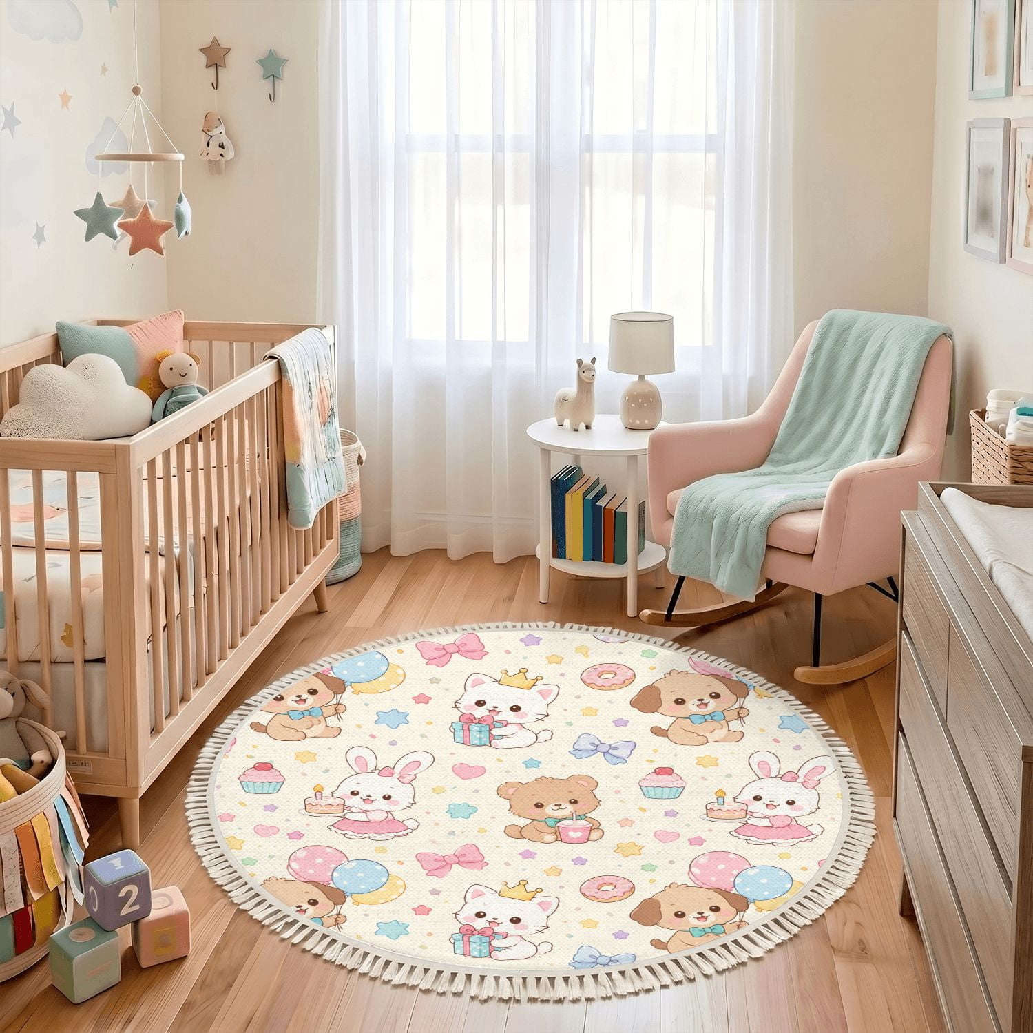 Washable Non Slip 3ft Round Rug Cute Cartoon Animal Party Balloons Gifts Pastel Colors Circle Area Rugs with Tassels Carpet for Nursery Bedroom Living Room Playroom Tent Rug