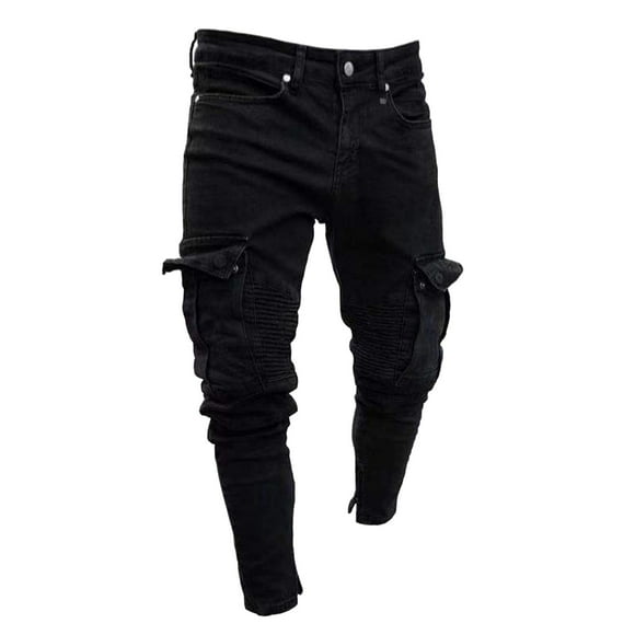 HBFAGFB Mens Jeans Outdoor Skinny Ripped Slim Sports Denim Pants with Multiple Pockets Black Size XL