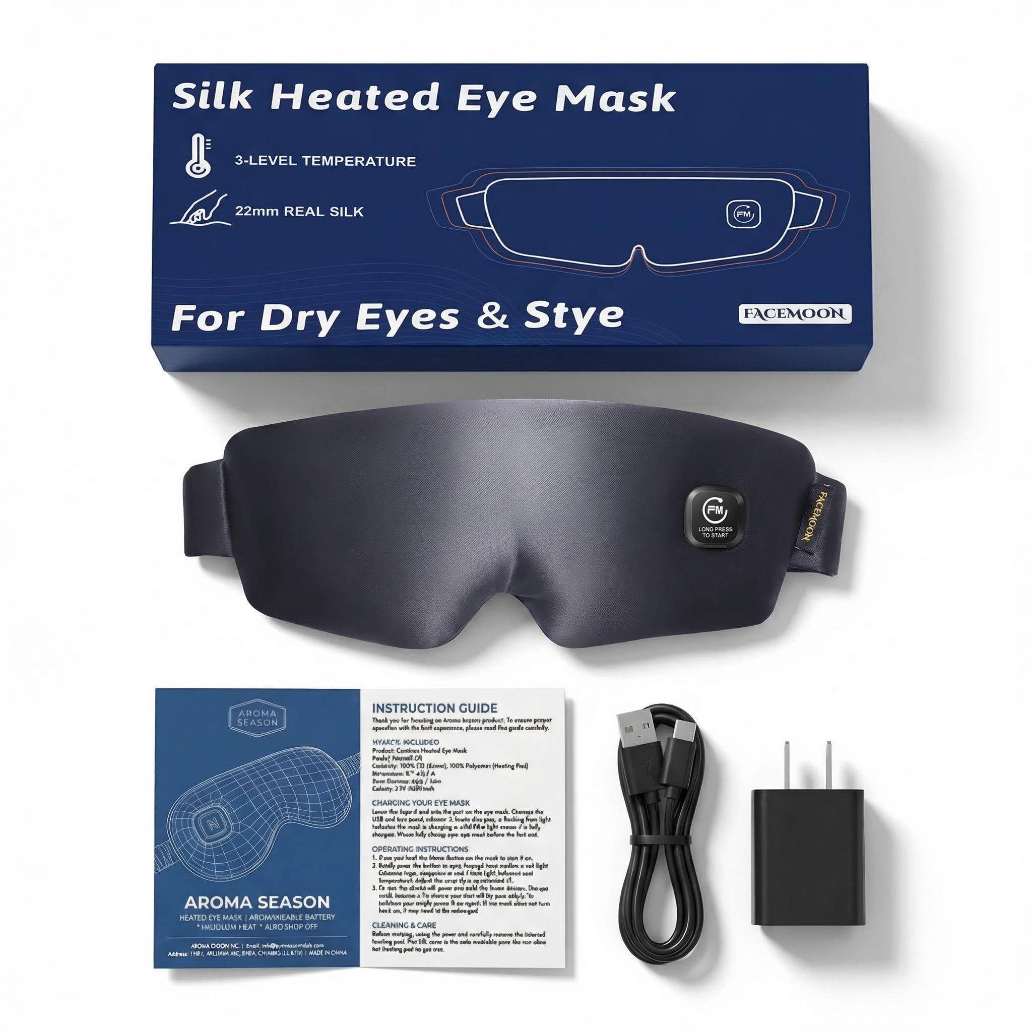 FACEMOON Warm Silk Eye Mask for Dry Eyes Comfort Cordless Rechargeable Moist Heat Therapy Blue