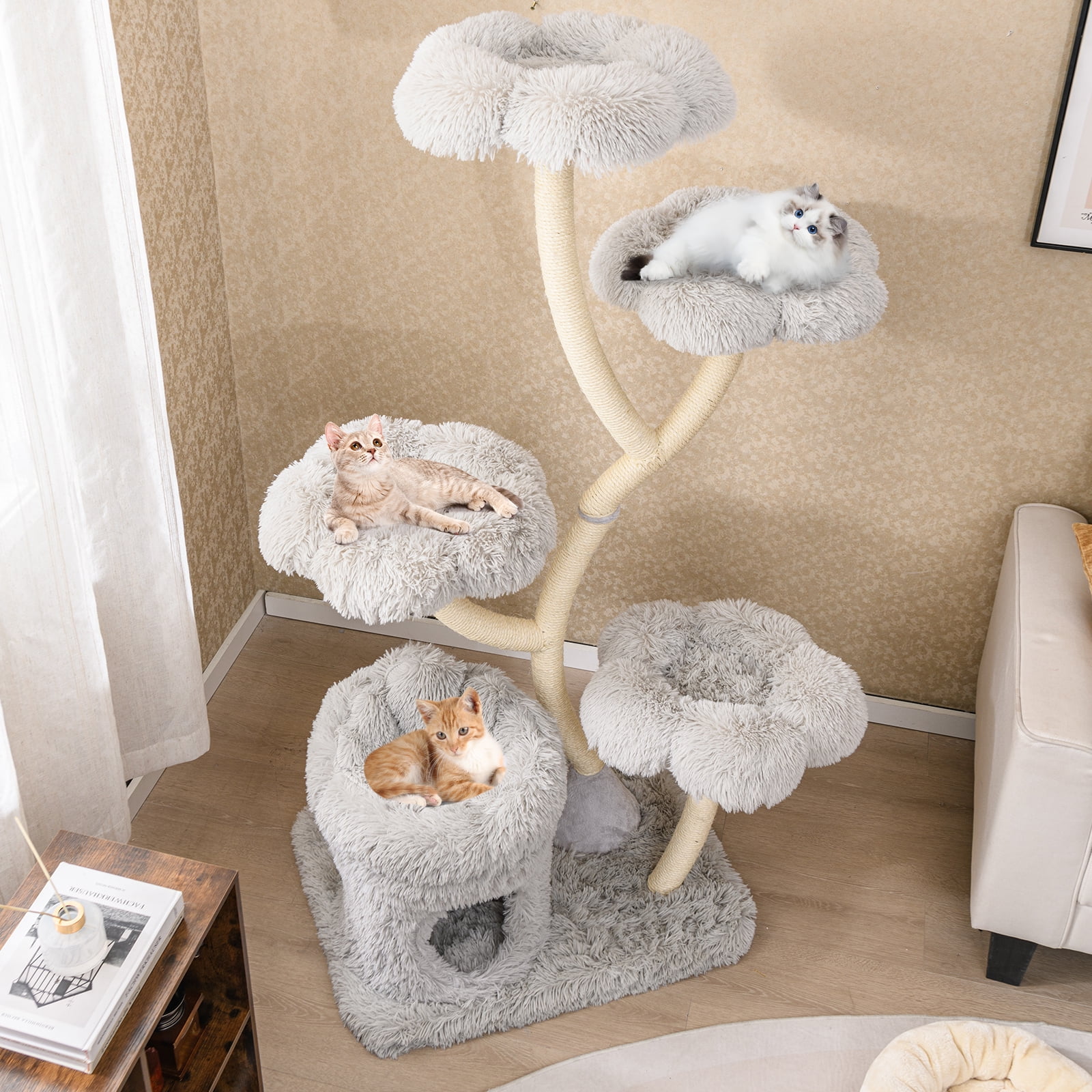 Gymax Freestanding Cat Tower Tall Cat Tree w/ four Flower-shaped Platforms Cat Condo Gray