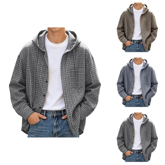 Plaid Shirt Jacket Men Fall Winter Long Sleeve Loose Casual Button Down Drawstring Hooded Shirt Work Shirts Outerwear