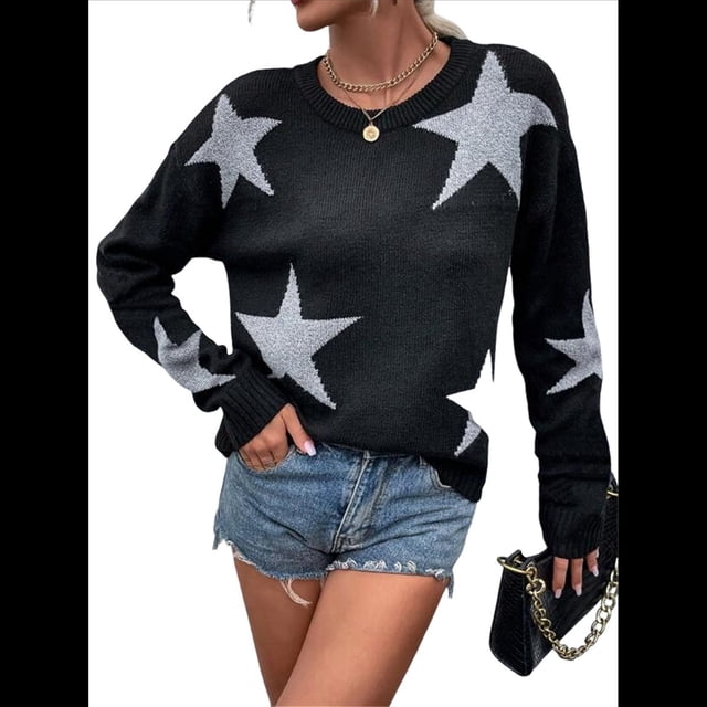 Suéter Informal de Punto con Cuello Redondo y Hombros Caídos con Estampado de Estrellas para Mujer Negro M