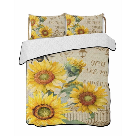 YOU ARE MY SUNSHINE Quilts Bedding Set Queen Size Retro Sunflowers Floral Bee Brown Fence Lightweight Quilted Bedspread 3 Piece Bed Quilt with 2 Pillow Shams All Season for Bedroom 78" x 90"