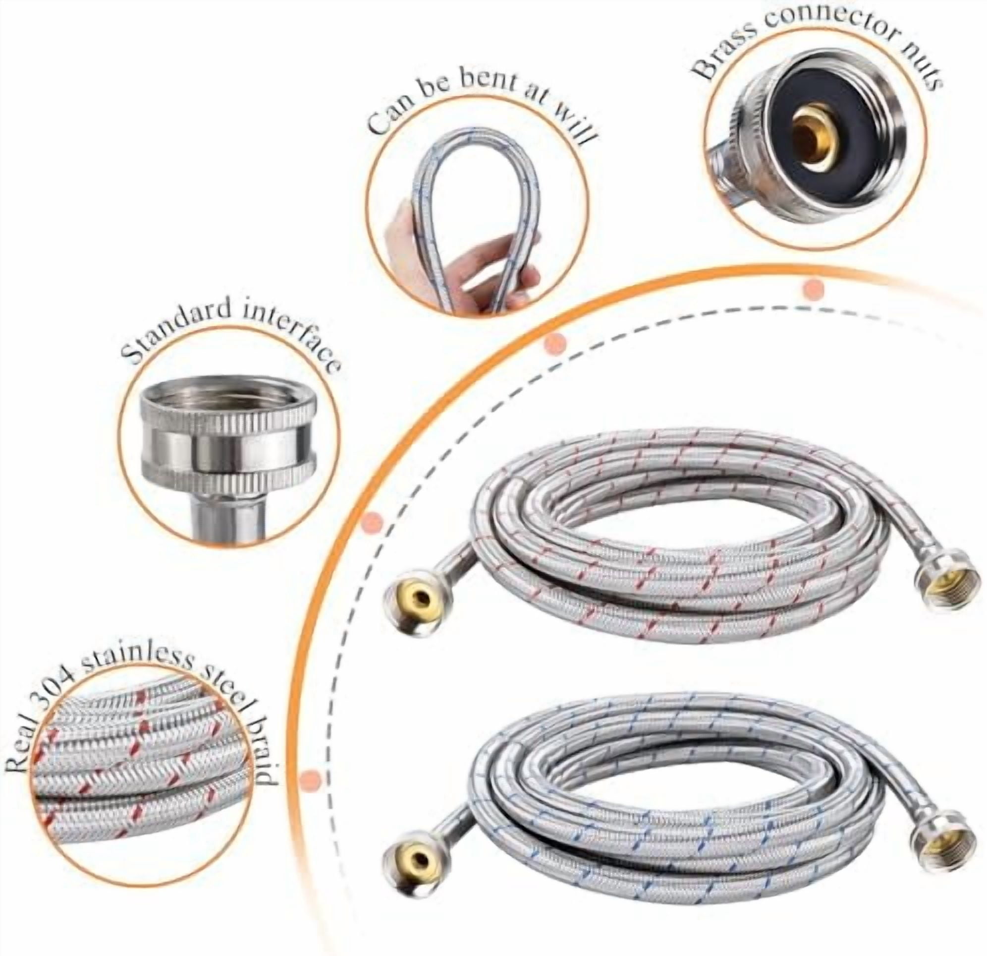 15ft LONG Washing Machine Hoses UPGRADE by- Braided Stainless Steel Washer Hoses - Hot and Cold Water Lines 3/4'' Standard Interface -Burst Proof Leak Free Hose (2 Pack) - 10 YEARS GUARANTEE$$