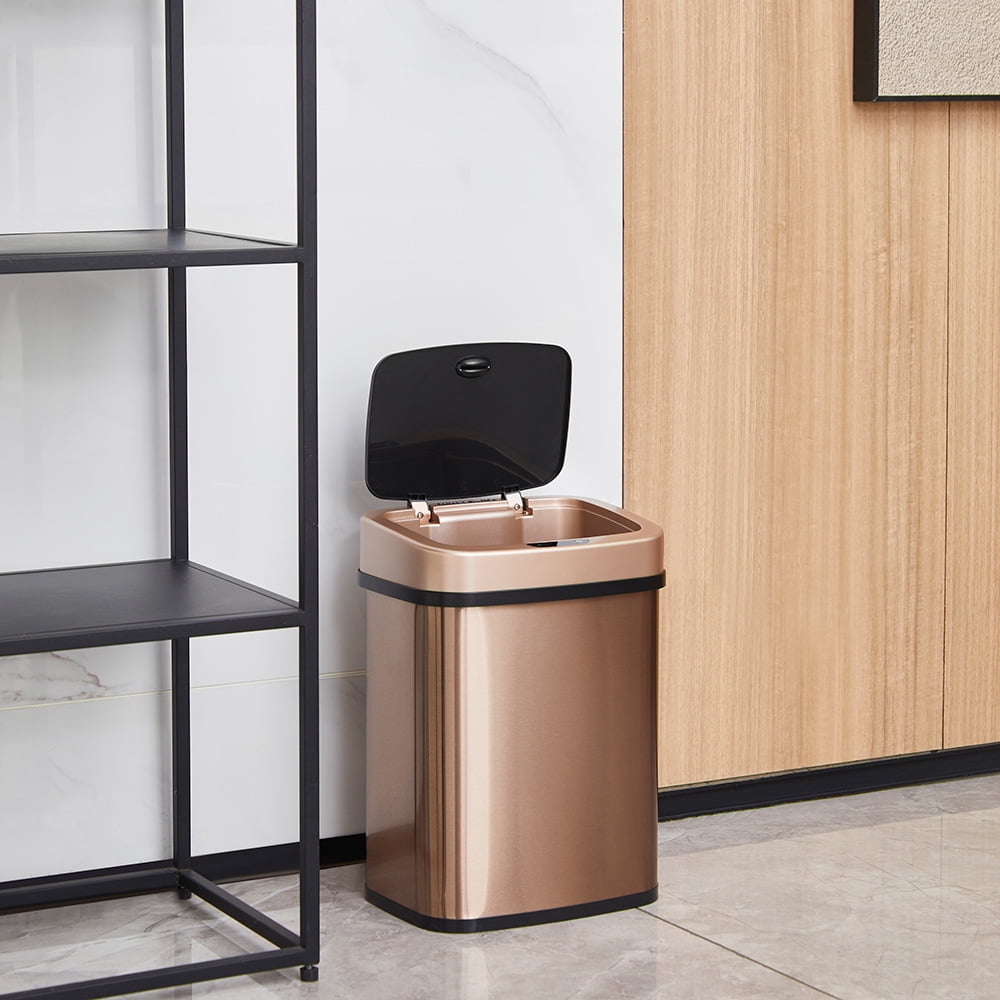 Nine Stars Automatic Bathroom Trash Can, 3 Gallon Stainless Steel, Motion Sensor Hands-Free Soft-Close Lid Garbage Bin, Gold