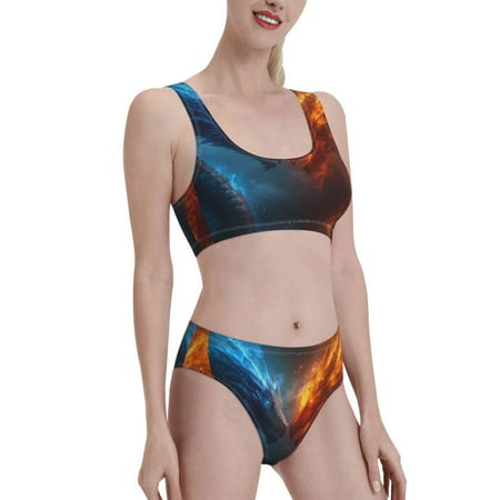 Uemuo Red And Blue Fire Dragon E Printed Women s High Waisted Bikini Sets Sporty Two Piece Swimsuits Color Block Cheeky High Cut Bathing Suits-X-Large