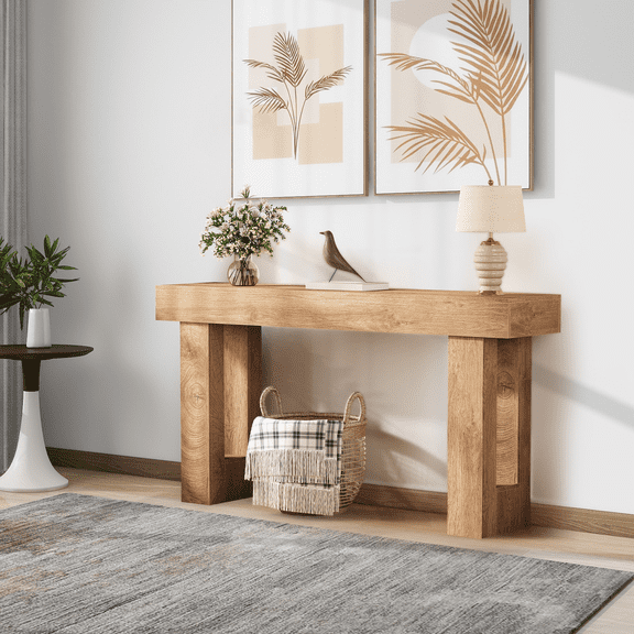GOCAPTAIN Farmhouse Console Table, 63" Narrow Wooden Sofa Table for Entryway, Living Room, Hallway, Wood Color