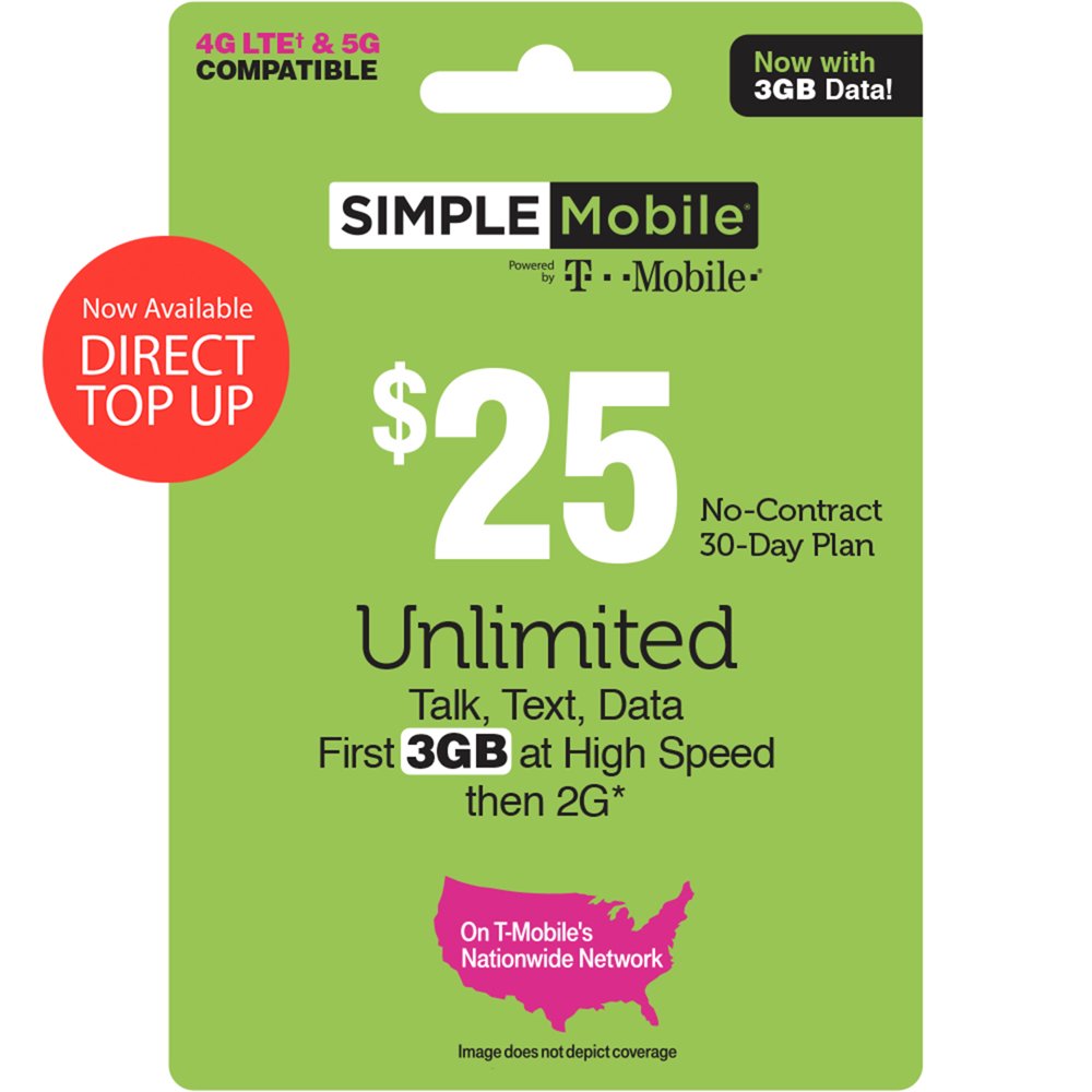 Simple Mobile 25 Unlimited 30Day Prepaid Plan (3GB at high speeds