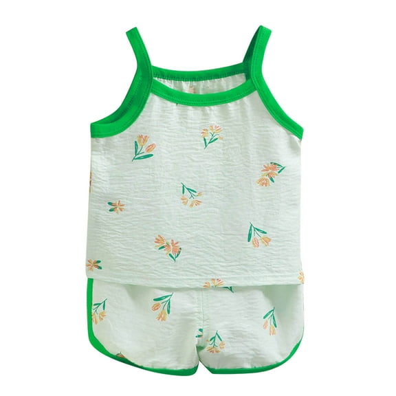 RUTAYY Children Girls Sleepwear Summer Cartoon Printed Sleeveless Suspenders Tops Shorts Two Piece Pyjamas Suits Clothing Fashionable & Breathable, Green, 6-7 Years