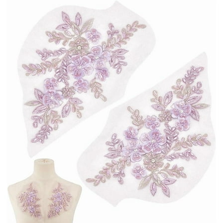 1 Pair 3D Flower Lace Applique Lilac Flower Beaded Sequins Patch Sew on Embroidered Applique for Wedding Dress DIY Patch Clothing Accessories 7.2x14.6inch