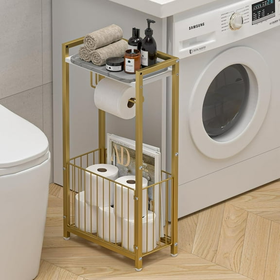 Freestanding Toilet Paper Holder with Storage Shelf - Gold Bathroom Organizer for Tissues and More