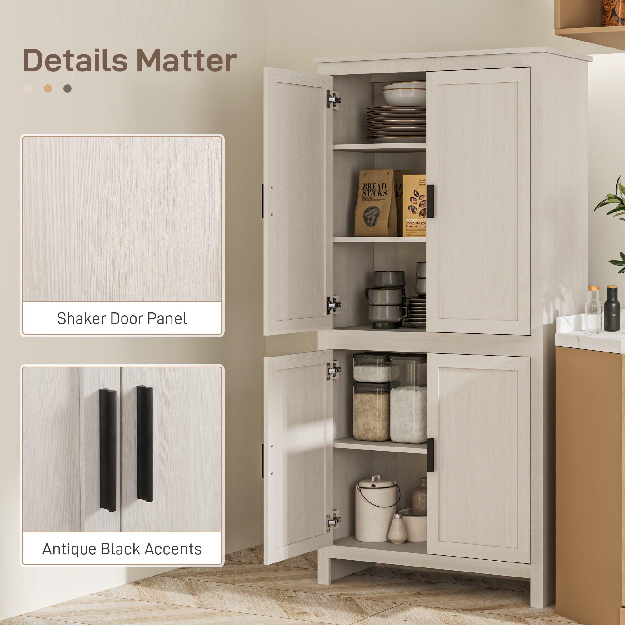 HOMCOM 64" Freestanding Kitchen Pantry Food Storage Cabinet w/ Shelves, White